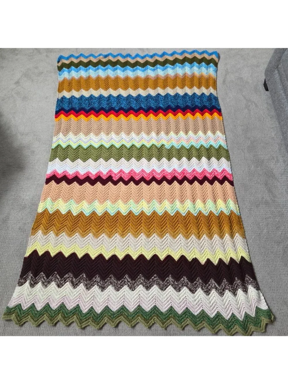 Vintage Handmade Colorful Rainbow Chevron Blanket Afghan 90